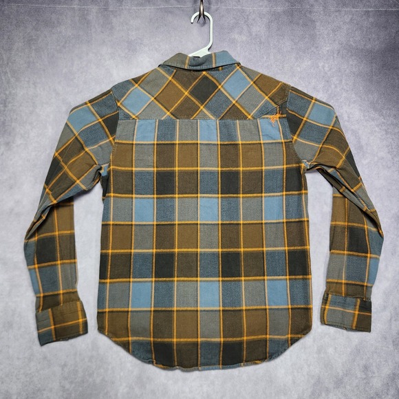 Fox Plaid Long Sleeve Flannel Shirt Mens Size L Blue Brown Gold - Picture 6 of 16